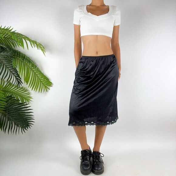 Vintage Vanity Fair 90s Grunge Black Whimsigoth Low Rise Midi Slip Skirt / Sm - Picture 1 of 5